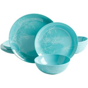 imageMartha Stewart Dragonfly 12 Piece Decorated Melamine Dinnerware Set  TealTeal