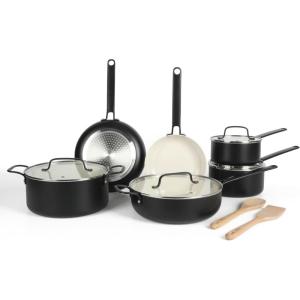 imageMartha Stewart Emmeline Premium Nonstick PFA Free Ceramic Interior 12 Piece Heavy Gauge Enamel Aluminum Pots and Pans Cookware Set  Linen WhiteBlack