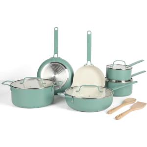 imageMartha Stewart Emmeline Premium Nonstick PFA Free Ceramic Interior 12 Piece Heavy Gauge Enamel Aluminum Pots and Pans Cookware Set  Linen WhiteTeal