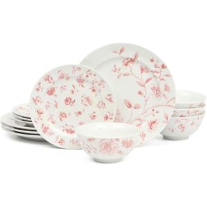 imageMartha Stewart Empress Bouquet 12 Piece Decorated Porcelain Dinnerware Plates and Bowls Set  Pink Floral Service for 4 12pcs