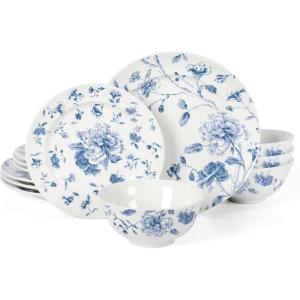 imageMartha Stewart Empress Bouquet Decorated Porcelain Dinnerware Plates and Bowls Set  Blue Floral Service for 4 12pcsBlue Floral