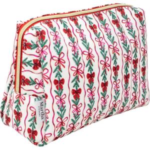 imageMartha Stewart Festive Quilted Makeup Bag Compact Cosmetic Organizer for Women Small Zipper Pouch with PVC Lining 875quot x 4quot x 6quot Holiday Bow Stripe