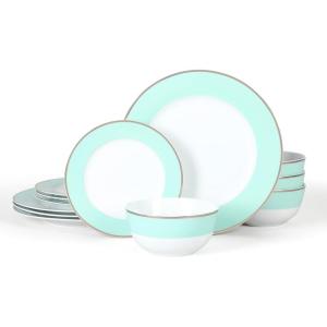 imageMartha Stewart Gracie Lane Porcelain Decorated Dinnerware Set  Martha Blue wGold Rim Service for 4 12pcsMartha Blue w Gold Rim