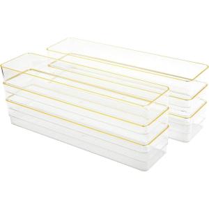 imageMartha Stewart Kerry Plastic Stackable Office Desk Drawer Organizers 6quot x 3quot 6 Pack with Gold Trim12 x 3
