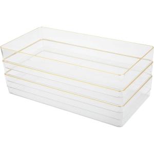 imageMartha Stewart Kerry Plastic Stackable Office Desk Drawer Organizers 6quot x 3quot 6 Pack with Gold Trim12 x 6
