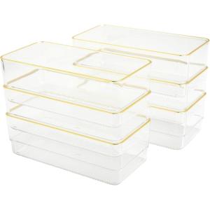 imageMartha Stewart Kerry Plastic Stackable Office Desk Drawer Organizers 6quot x 3quot 6 Pack with Gold Trim6 x 3