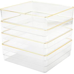 imageMartha Stewart Kerry Plastic Stackable Office Desk Drawer Organizers 6quot x 3quot 6 Pack with Gold Trim6 x 6