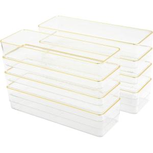 imageMartha Stewart Kerry Plastic Stackable Office Desk Drawer Organizers 6quot x 3quot 6 Pack with Gold Trim9 x 3