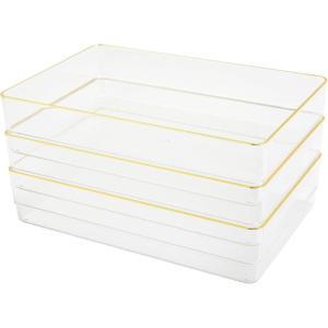 imageMartha Stewart Kerry Plastic Stackable Office Desk Drawer Organizers 6quot x 3quot 6 Pack with Gold Trim9 x 6