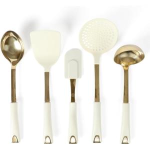 imageMartha Stewart Lockton 5Piece Stainless Steel ampamp Nylon Kitchen Tool Set  Linen wGold