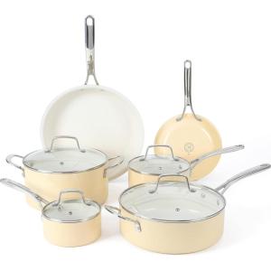imageMartha Stewart Lockton Premium Nonstick 10 Piece Enamel Heavy Gauge Aluminum Pots and Pans Cookware Set  Linen WhiteButter Cream