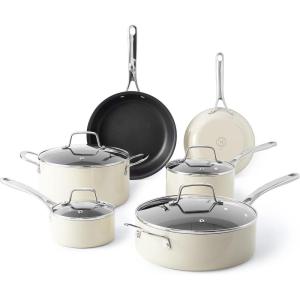 imageMartha Stewart Lockton Premium Nonstick 10 Piece Enamel Heavy Gauge Aluminum Pots and Pans Cookware Set  Linen WhiteLinen