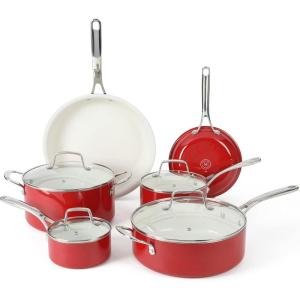 imageMartha Stewart Lockton Premium Nonstick 10 Piece Enamel Heavy Gauge Aluminum Pots and Pans Cookware Set  Linen WhiteRed