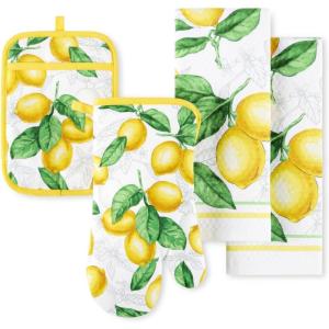 imageMartha Stewart Lots of Lemons Modern Kitchen Towel Oven Mitt ampamp Potholder Set 4Pack WhiteYellow