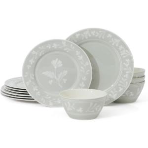 imageMartha Stewart Peony 12 Piece Porcelain Floral Chip and Scratch Resistant Dinnerware SetSage Green