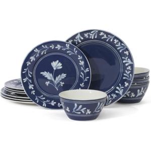 imageMartha Stewart Peony 12 Piece Porcelain Floral Chip and Scratch Resistant Dinnerware SetSky Blue