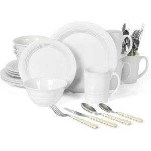 imageMartha Stewart Reedley 32 Piece Stoneware Dinnerware and Flatware Combo Set  BlueLinen White