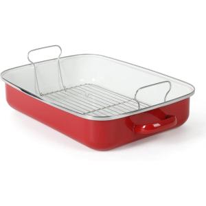 imageMartha Stewart Thayer 16quot Enamel On Steel Roaster Pan wStainless Steel Rack  Martha BlueRed