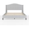 imageMartha Stewart Amelia Platform Bed with Curved Headboard and Cushioned Side Rails Faux Linen Upholstery Wood Slat Foundation No Box Spring Needed Queen BeigeGray FabricBlack Legs