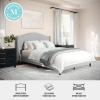 imageMartha Stewart Amelia Platform Bed with Curved Headboard and Cushioned Side Rails Faux Linen Upholstery Wood Slat Foundation No Box Spring Needed Queen BeigeGray FabricBlack Legs