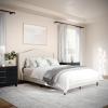 imageMartha Stewart Amelia Platform Bed with Curved Headboard and Cushioned Side Rails Faux Linen Upholstery Wood Slat Foundation No Box Spring Needed Queen BeigeBeige FabricWalnut Legs