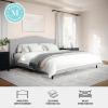 imageMartha Stewart Amelia Platform Bed with Curved Headboard and Cushioned Side Rails Faux Linen Upholstery Wood Slat Foundation No Box Spring Needed Queen BeigeGray FabricBlack Legs