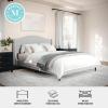 imageMartha Stewart Amelia Platform Bed with Curved Headboard and Cushioned Side Rails Faux Linen Upholstery Wood Slat Foundation No Box Spring Needed Queen BeigeGray FabricBlack Legs
