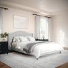 imageMartha Stewart Amelia Platform Bed with Curved Headboard and Cushioned Side Rails Faux Linen Upholstery Wood Slat Foundation No Box Spring Needed Queen BeigeGray FabricBlack Legs