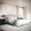 imageMartha Stewart Amelia Platform Bed with Curved Headboard and Cushioned Side Rails Faux Linen Upholstery Wood Slat Foundation No Box Spring Needed Queen BeigeGray FabricBlack Legs