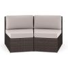 imageMartha Stewart Bedford IndoorOutdoor Modular Patio Curved Sectional Sofa Seat with Rattan Wicker Finish in Brown with Tan AllWeather CushionsTan CushionsBrown Frame