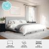 imageMartha Stewart Britta Platform Bed with Headboard ampamp Footboard Faux Linen Upholstery with Piping Detail Rounded Headboard No Box Spring Needed Queen BeigeGray FabricWalnut Legs