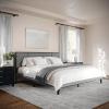 imageMartha Stewart Jett Platform Bed with Headboard Fabric Upholstered Inset Headboard and Base Solid Wood Frame No Box Spring Needed King Dark BrownBeigeGray FabricBrown Gray Frame