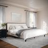 imageMartha Stewart Jett Platform Bed with Headboard Fabric Upholstered Inset Headboard and Base Solid Wood Frame No Box Spring Needed King Dark BrownBeigeBeige FabricDark Brown Frame