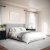 imageMartha Stewart Kay Low Profile Platform Bed with Wingback Headboard Channel Stitched Faux Linen Upholstery No Box Spring Needed Queen BeigeGray FabricBlack Legs