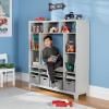 imageMartha Stewart Kids Storage System  Linen White Wood Bookshelf Cubby with Seat Cushion Shelves and Storage Bins Reading Nook Bookcase and Kids Room Storage BenchGrey