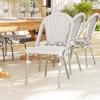imageMartha Stewart Lily Pond IndoorOutdoor Stackable Bistro Chairs with Natural Woodgrain Aluminum Frame Finish BlackWhite Woven Rattan BackrestsSeats Set of 2Gray  WhiteGray Frame