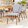 imageMartha Stewart Lily Pond IndoorOutdoor Stackable Bistro Chairs with Natural Woodgrain Aluminum Frame Finish BlackWhite Woven Rattan BackrestsSeats Set of 2Navy  WhiteNatural Frame