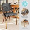 imageMartha Stewart Lily Pond IndoorOutdoor Stackable Bistro Chairs with Natural Woodgrain Aluminum Frame Finish BlackWhite Woven Rattan BackrestsSeats Set of 2Black  WhiteNatural Frame