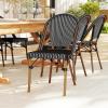 imageMartha Stewart Lily Pond IndoorOutdoor Stackable Bistro Chairs with Natural Woodgrain Aluminum Frame Finish BlackWhite Woven Rattan BackrestsSeats Set of 2Black  WhiteNatural Frame
