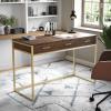 imageMartha Stewart Ollie Home Office Desk with 3 Drawers in Walnut Wood Grain with Polished Brass HardwareWalnut TopPolished Brass Frame