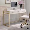 imageMartha Stewart Ollie Home Office Desk with 3 Drawers in Walnut Wood Grain with Polished Brass HardwareWhite TopPolished Brass Frame