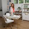 imageMartha Stewart Ollie Home Office Desk with 3 Drawers in Walnut Wood Grain with Polished Brass HardwareWhite TopPolished Brass Frame