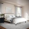imageMartha Stewart Jett Platform Bed with Headboard Fabric Upholstered Inset Headboard and Base Solid Wood Frame No Box Spring Needed King Dark BrownBeigeBeige FabricDark Brown Frame