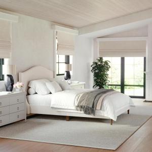 imageMartha Stewart Amelia Platform Bed with Curved Headboard and Cushioned Side Rails Faux Linen Upholstery Wood Slat Foundation No Box Spring Needed Queen BeigeBeige FabricWalnut Legs