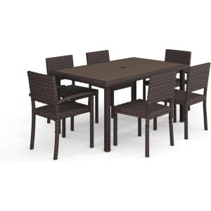 imageMartha Stewart Bedford 7Piece IndoorOutdoor Dining Set with 6 Stackable Chairs and 62quot Patio Table with Faux Wood Top and Rattan Wicker Finish in GrayBrown