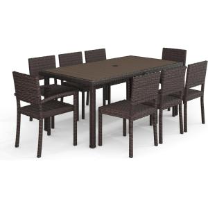 imageMartha Stewart Bedford 9Piece IndoorOutdoor Dining Set with 6 Stackable Chairs and 71quot Patio Table with Faux Wood Top and Rattan Wicker Finish in GrayBrown