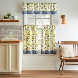 imageMartha Stewart Daisy 3Piece Window Curtain Valance and Tiers Set GreenYellow