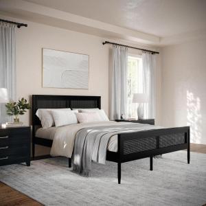 imageMartha Stewart Jax Platform Bed with Rattan Headboard and Footboard Solid Wood Frame Wooden Support Slats No Box Spring Needed Queen Size Brown GrayBlack