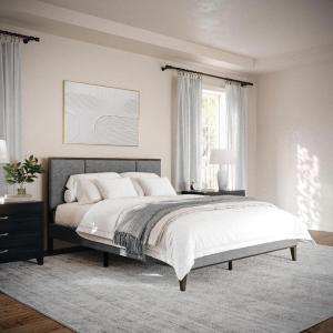 imageMartha Stewart Jett Platform Bed with Headboard Fabric Upholstered Inset Headboard and Base Solid Wood Frame No Box Spring Needed King Dark BrownBeigeGray FabricBrown Gray Frame