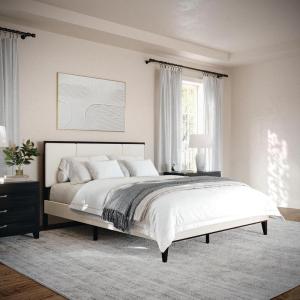 imageMartha Stewart Jett Platform Bed with Headboard Fabric Upholstered Inset Headboard and Base Solid Wood Frame No Box Spring Needed King Dark BrownBeigeBeige FabricDark Brown Frame